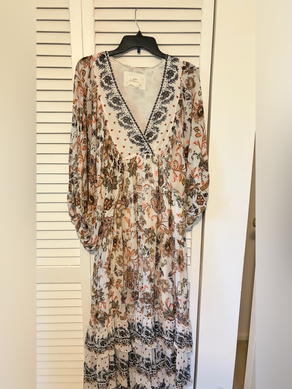 Anthropologie Floral V-Neck Maxi Dress in Cream, Rust, and Green